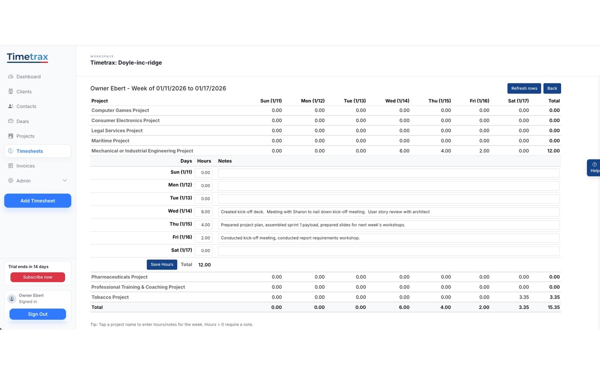 Weekly grid: hours by day and project